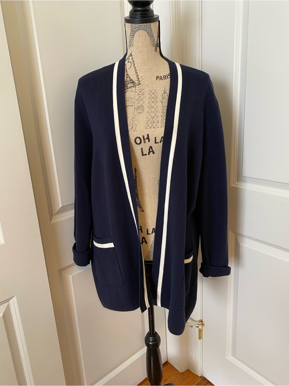 J. Crew Navy Blue Open-Front Cardigan with White Trim